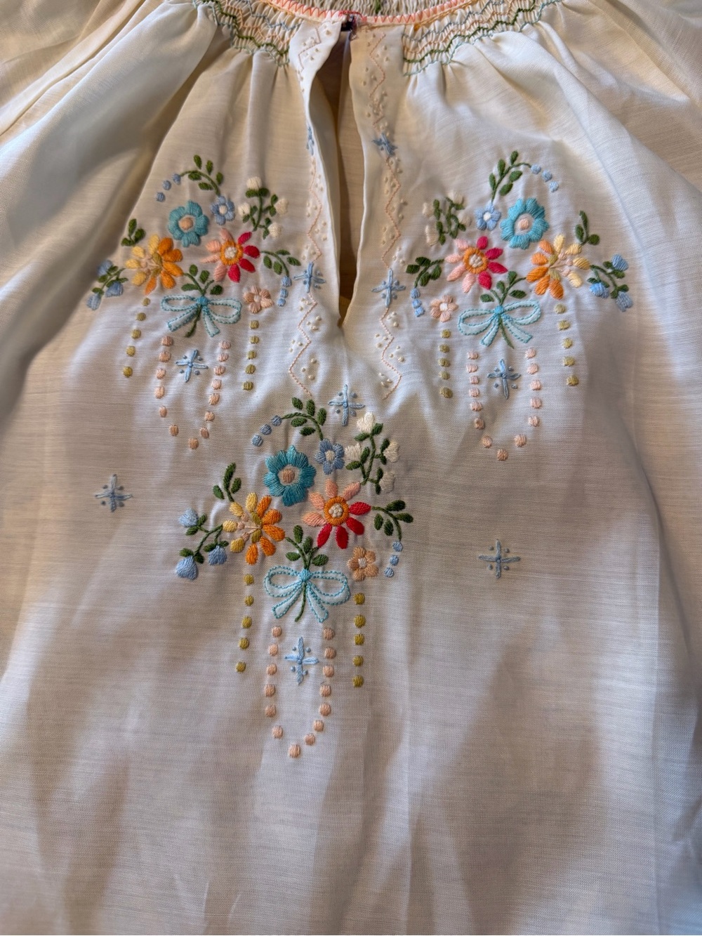 Handmade vintage Embroidered Ivory Peasant Blouse with Pastel Floral Detail - Picture 2 of 8